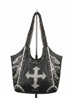 Miss Me Black Shoulder Bag with Silver Cross Detail